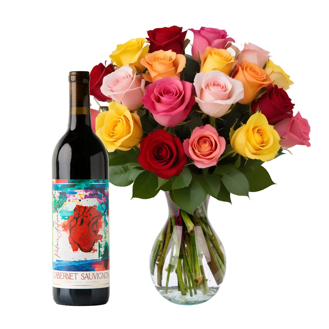 Cabernet Sauvignon with 18 Rainbow Roses Bundle