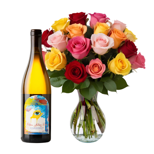 Chardonnay with 18 Rainbow Roses Bundle