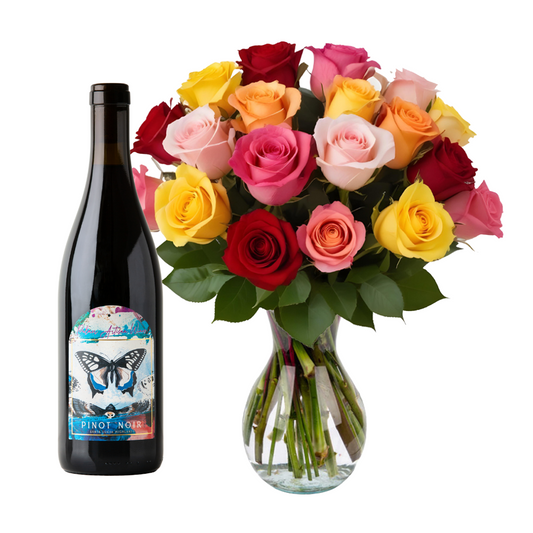 Pinot Noir with 18 Rainbow Roses Bundle