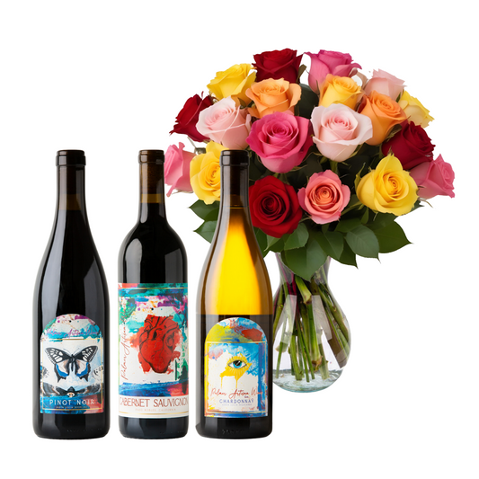 Wine Trio with 18 Rainbow Roses Bundle